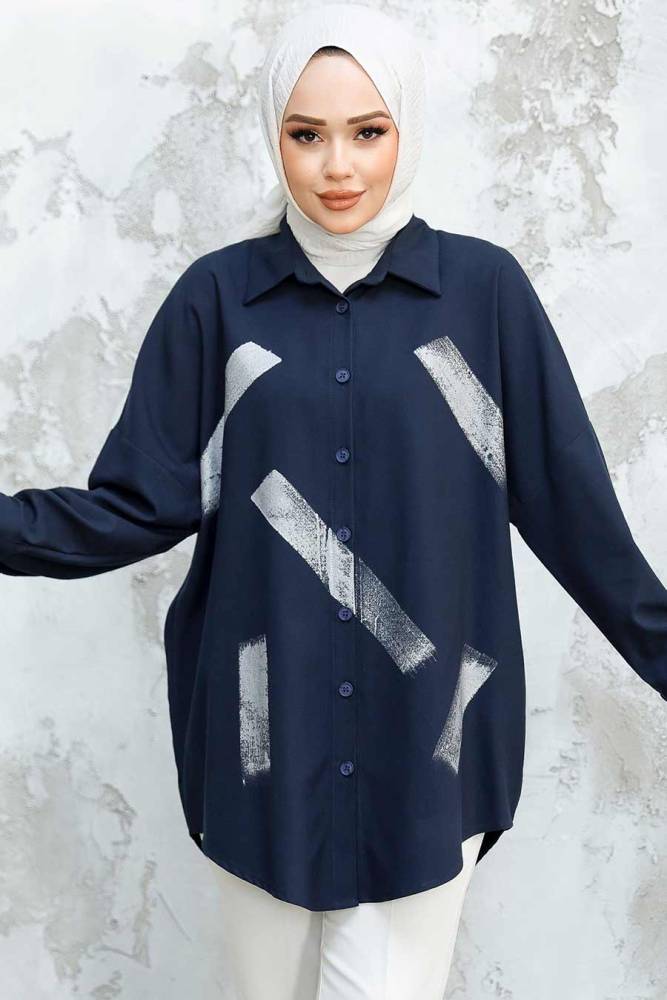 Desenli Lacivert Tesettür Puane Gömlek 31984L - NEVA STYLE