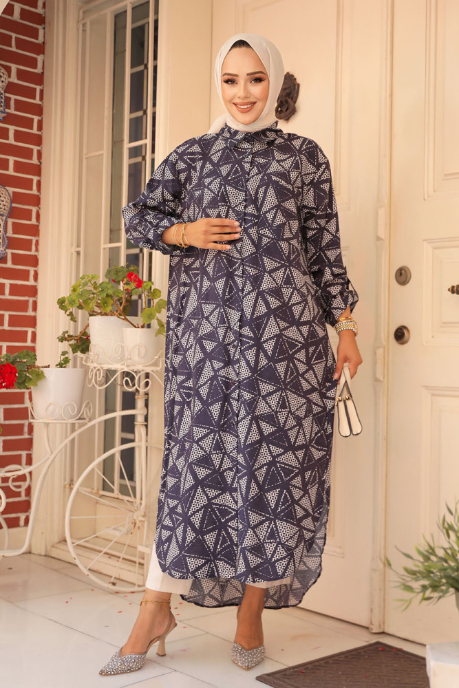 Desenli Lacivert Tesettür Tunik 10536L - 3