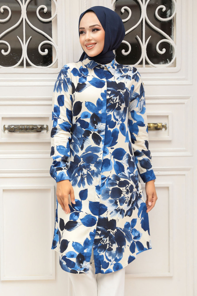 Desenli Lacivert Tesettür Tunik 11693L - 1