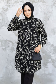 Desenli Siyah Tesettür Tunik 11722S - 1