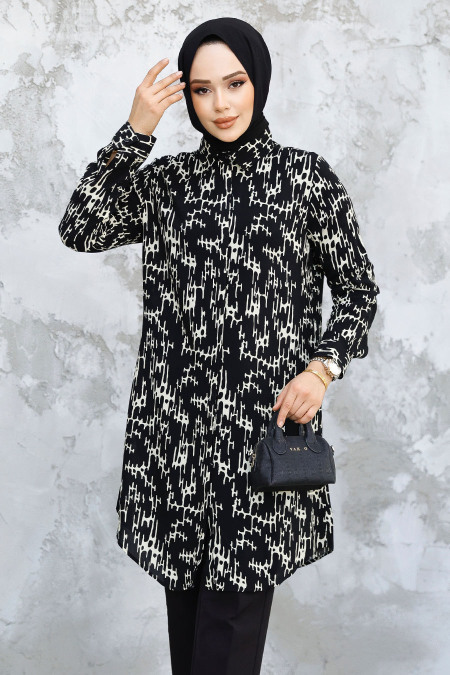 Desenli Siyah Tesettür Tunik 11722S - 1