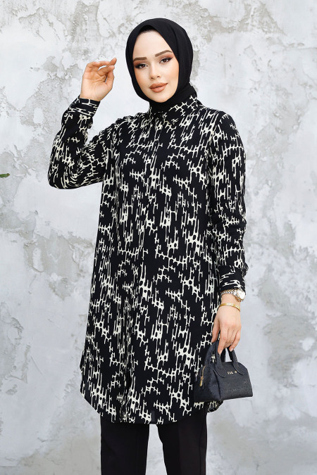Desenli Siyah Tesettür Tunik 11722S - 2