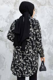 Desenli Siyah Tesettür Tunik 11722S - 3