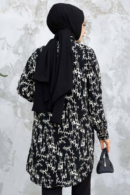 Desenli Siyah Tesettür Tunik 11722S - 3