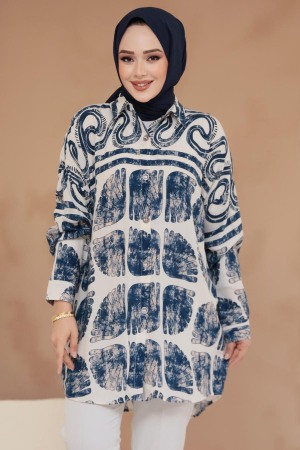 Desenli Lacivert Tesettür Tunik 20409L - 1