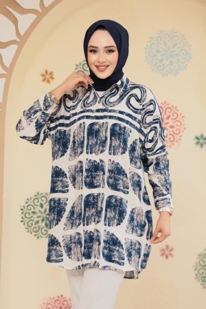 Desenli Lacivert Tesettür Tunik 20409L - 2
