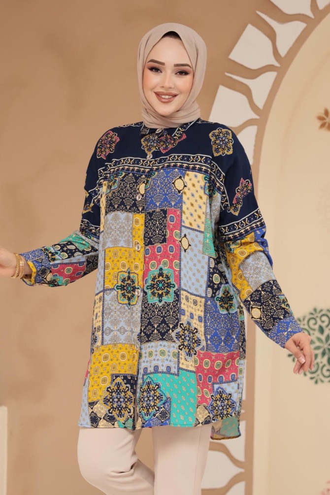 Desenli Lacivert Tesettür Tunik 20412L - 1