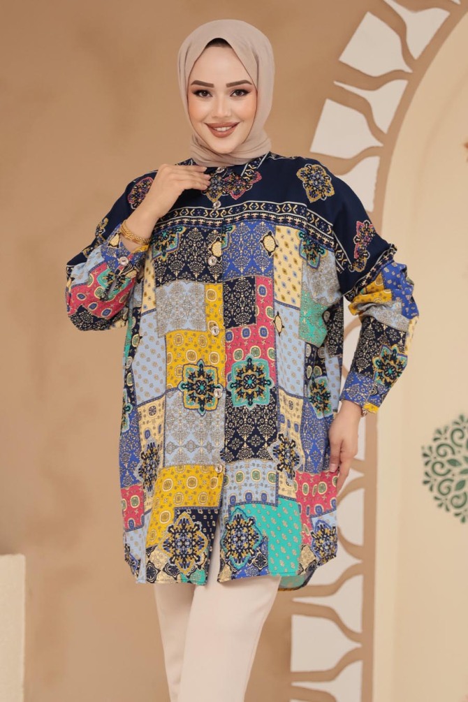 Desenli Lacivert Tesettür Tunik 20412L - 2