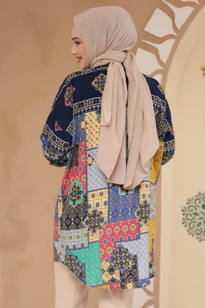 Desenli Lacivert Tesettür Tunik 20412L - 3