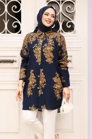 Desenli Lacivert Tesettür Tunik 20413L - 1