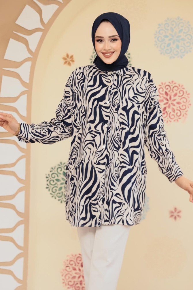 Desenli Lacivert Tesettür Tunik 20415L - 2