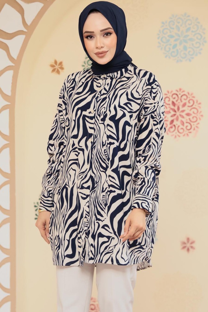 Desenli Lacivert Tesettür Tunik 20415L - NEVA STYLE