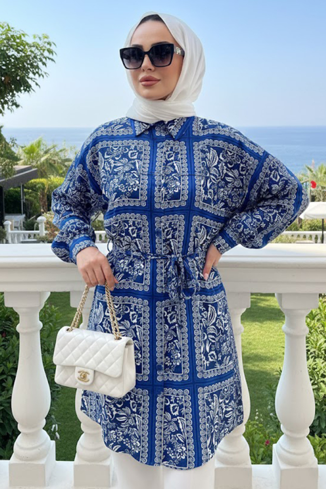 Desenli Lacivert Tesettür Tunik 26601L - 1