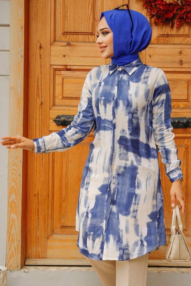 Desenli Lacivert Tesettür Viskon Tunik 11690L - NEVA STYLE