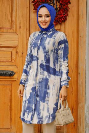Desenli Lacivert Tesettür Viskon Tunik 11690L - 2