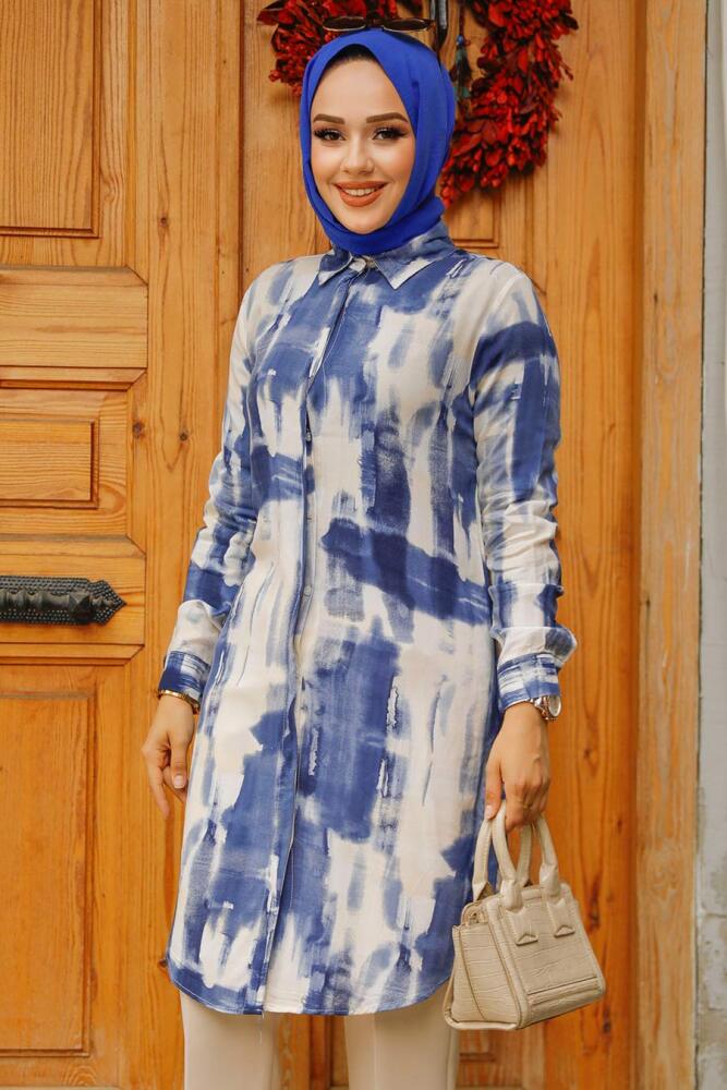 Desenli Lacivert Tesettür Viskon Tunik 11690L - 2