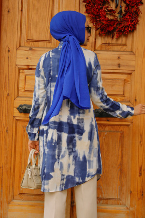 Desenli Lacivert Tesettür Viskon Tunik 11690L - 3