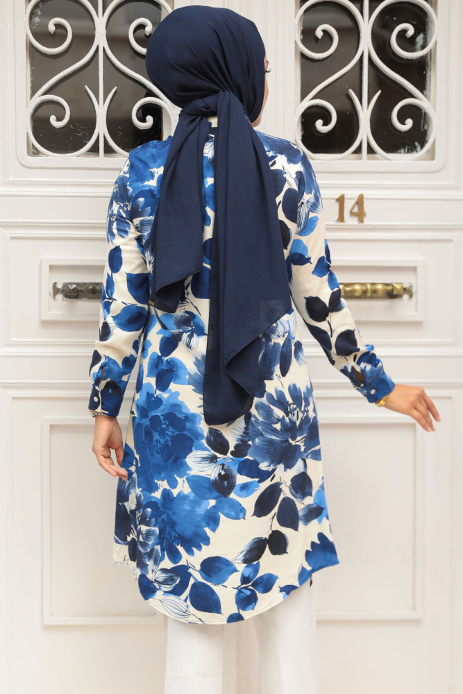 Desenli Lacivert Tesettür Viskon Tunik 11693L - 2