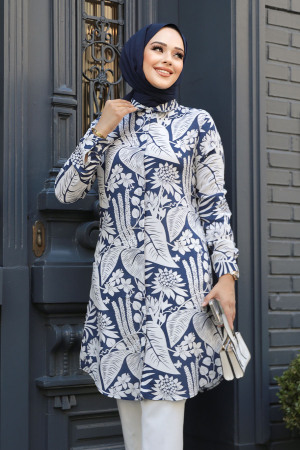 Desenli Lacivert Tesettür Viskon Tunik 11700L - NEVA STYLE