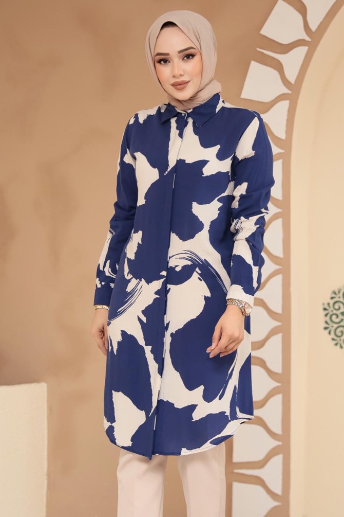 Desenli Lacivert Tesettür Viskon Tunik 11728L - NEVA STYLE