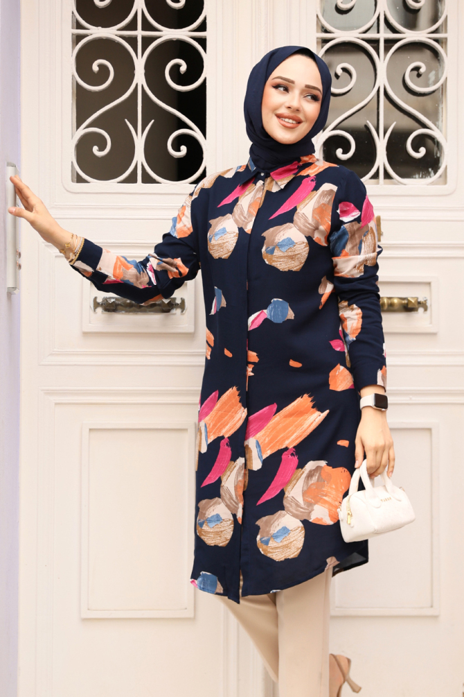 Desenli Lacivert Tesettür Viskon Tunik 11729L - NEVA STYLE