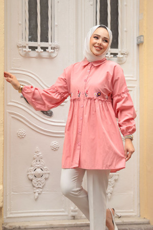Nakış Desenli Somon Tesettür Tunik 40603SMN - 1