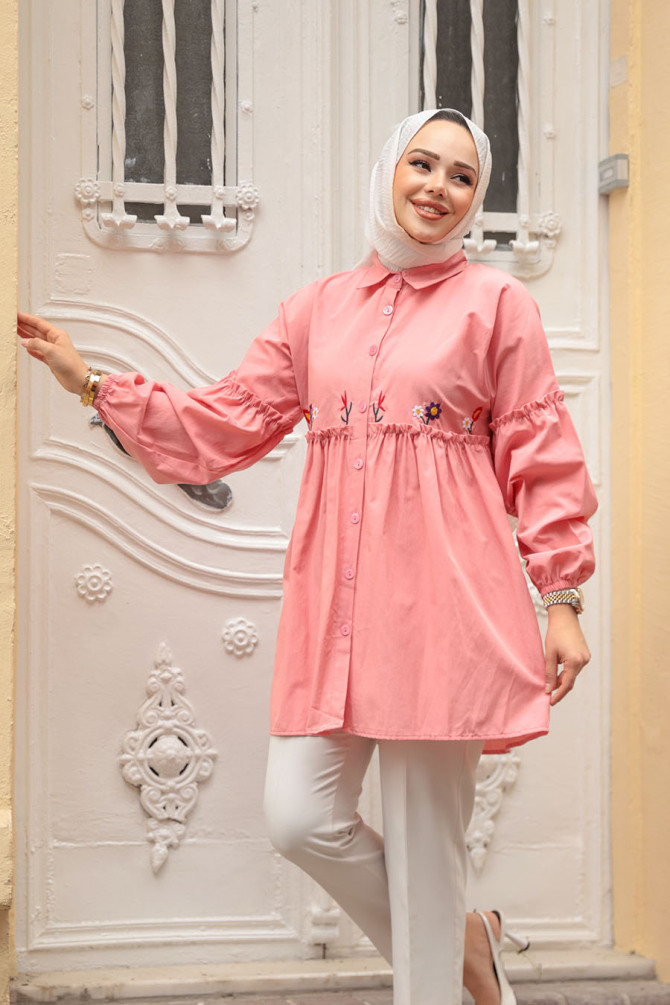 Nakış Desenli Somon Tesettür Tunik 40603SMN - 1
