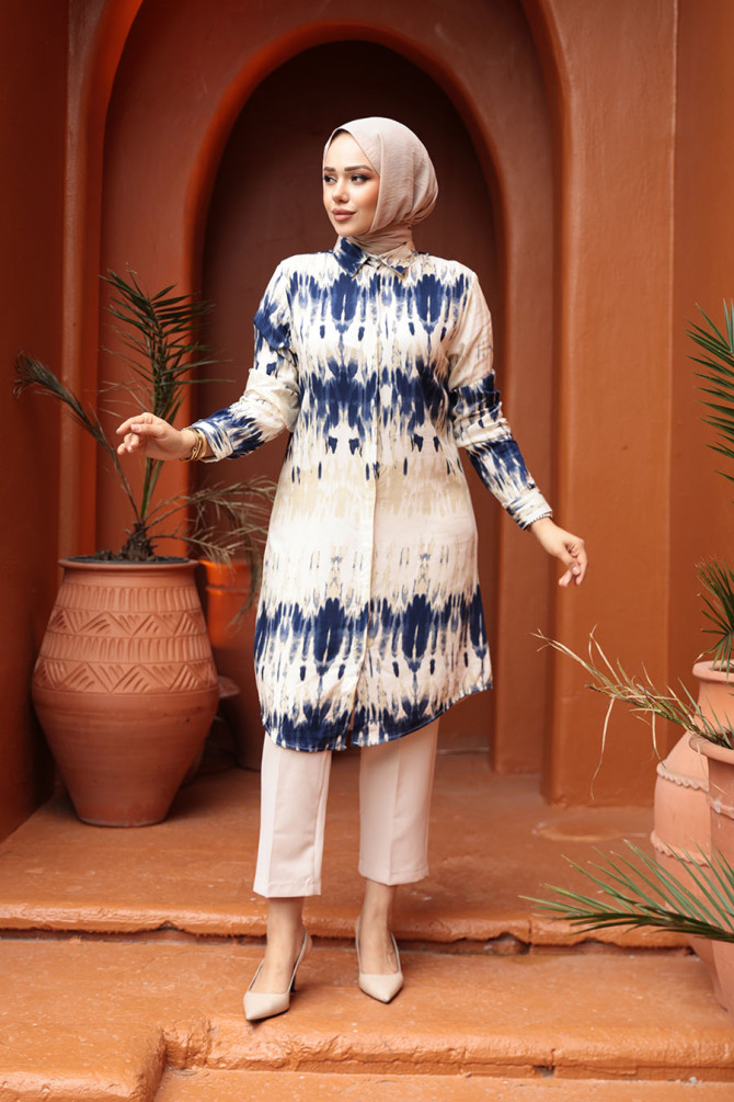 Desenli Lacivert Tesettür Viskon Tunik 11744L - 2