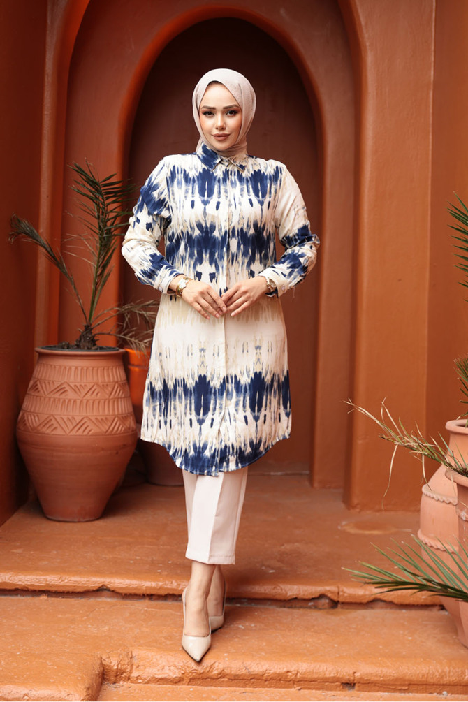 Desenli Lacivert Tesettür Viskon Tunik 11744L - 1