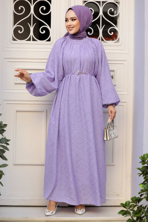 Desenli Lila Tesettür Elbise 14291LILA - 2