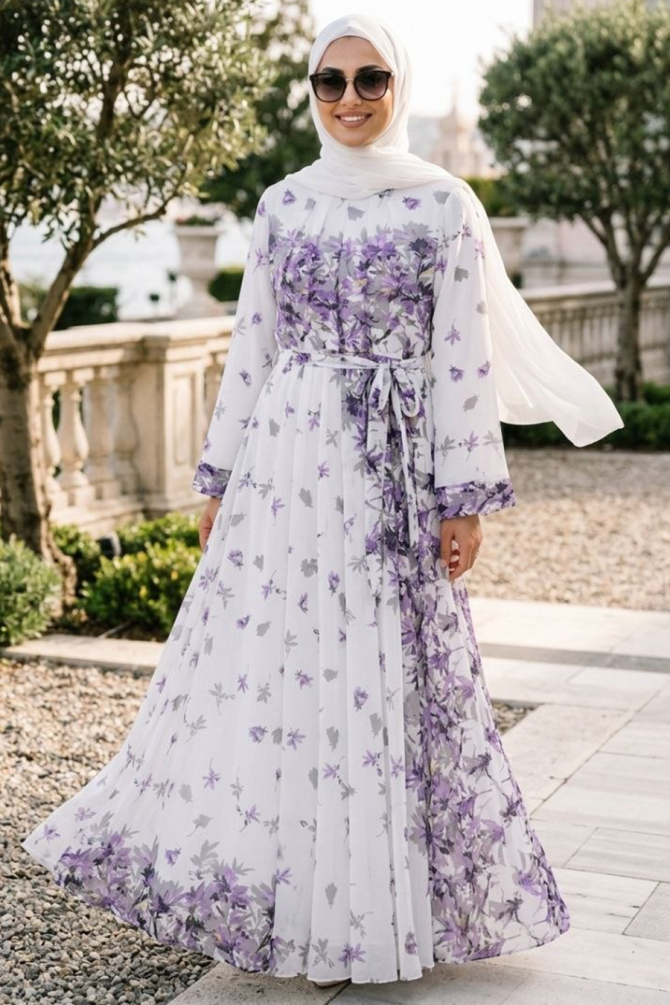 Desenli Lila Tesettür Elbise 25271LILA - 1