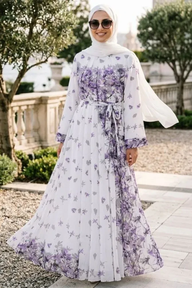 Desenli Lila Tesettür Elbise 25271LILA - 1