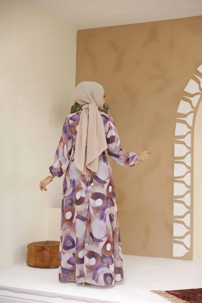 Desenli Lila Tesettür Elbise 27976LILA - 4