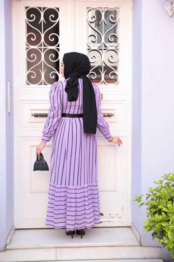 Desenli Lila Tesettür Elbise 43534LILA - 3