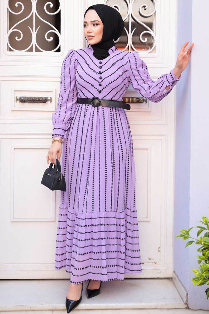 Desenli Lila Tesettür Elbise 43534LILA - 1