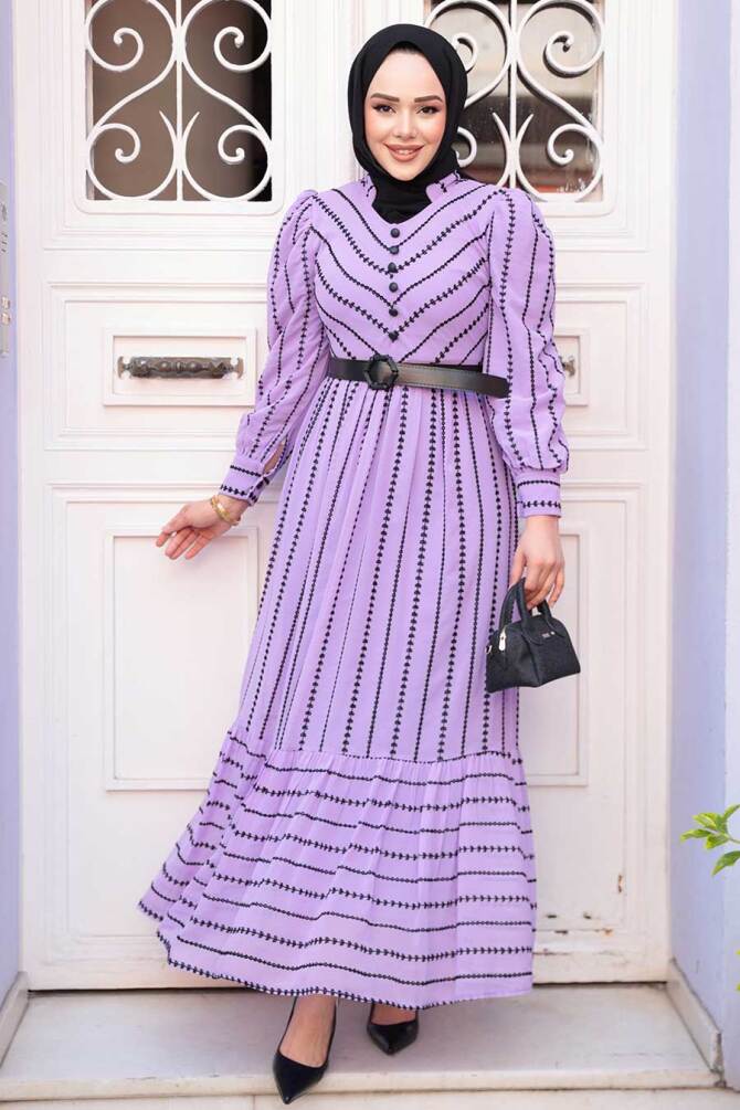 Desenli Lila Tesettür Elbise 43534LILA - 2