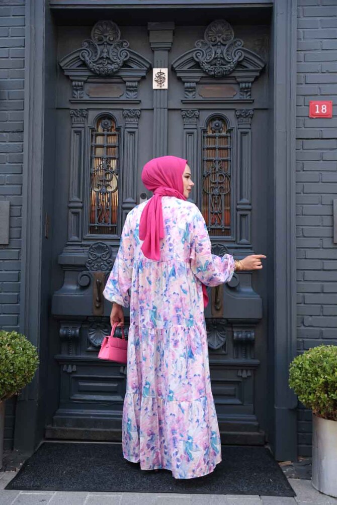 Desenli Lila Tesettür Elbise 710507LILA - 4