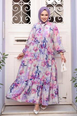 Desenli Lila Tesettür Elbise 710508LILA 