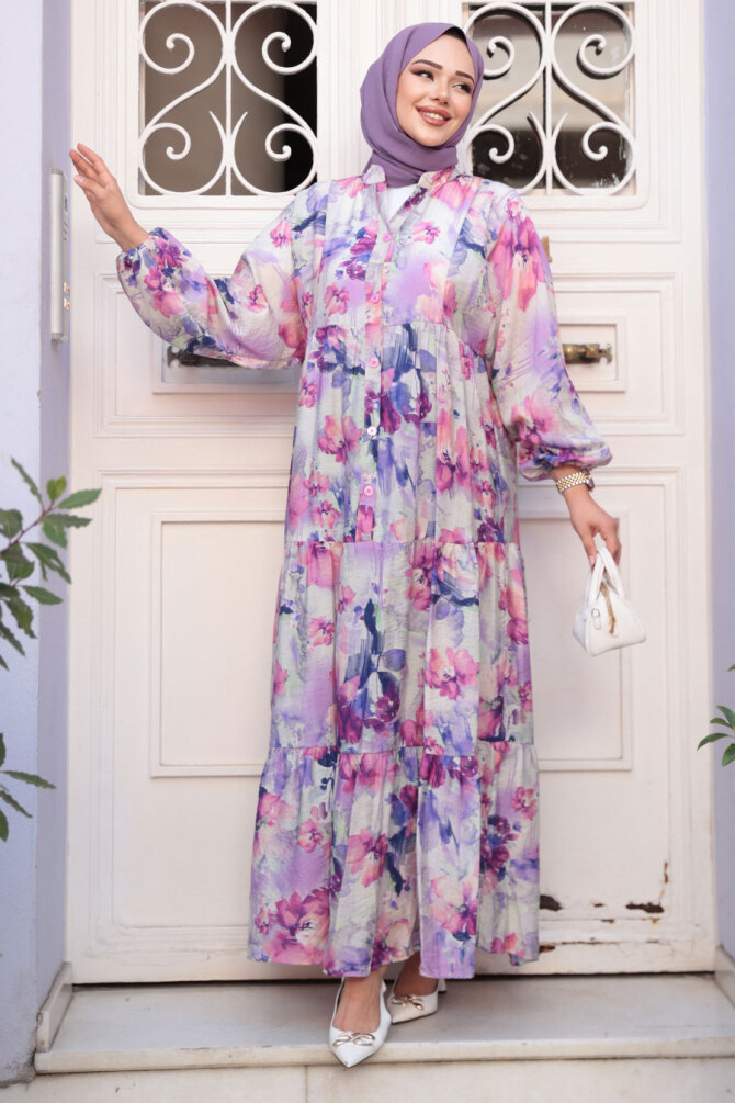 Desenli Lila Tesettür Elbise 710508LILA - 3