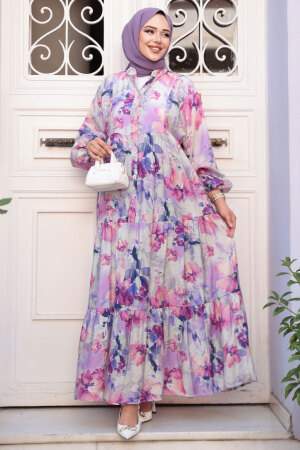 Desenli Lila Tesettür Elbise 710508LILA - 4