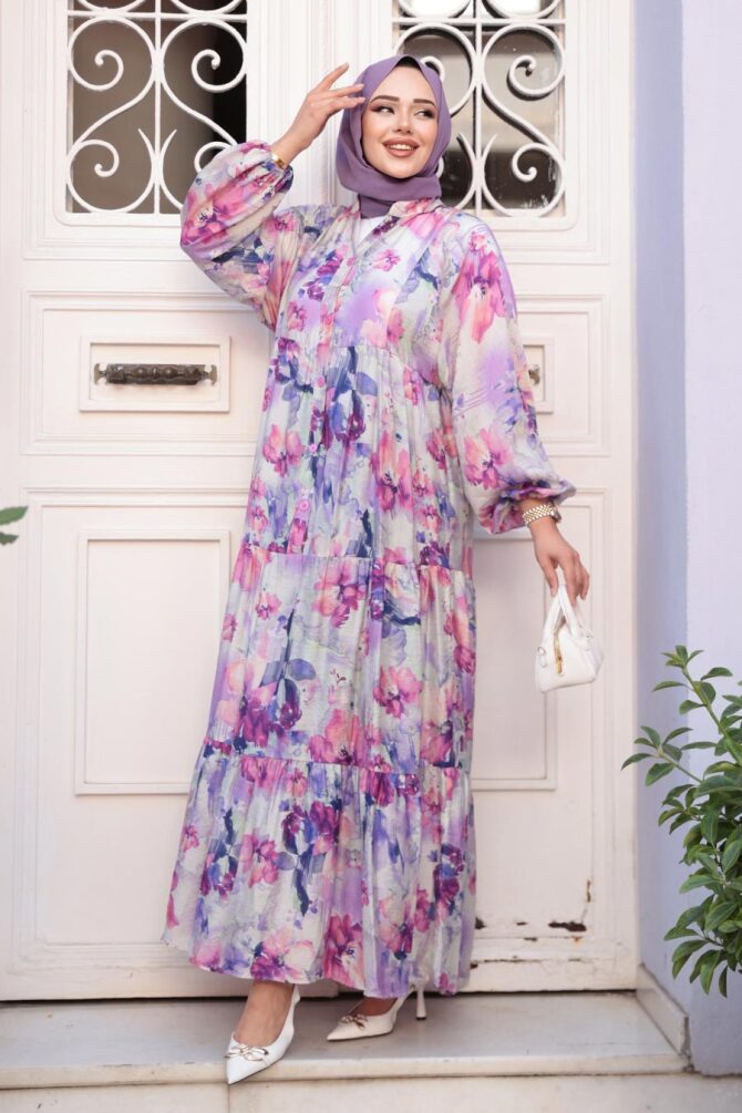Desenli Lila Tesettür Elbise 710508LILA - 2