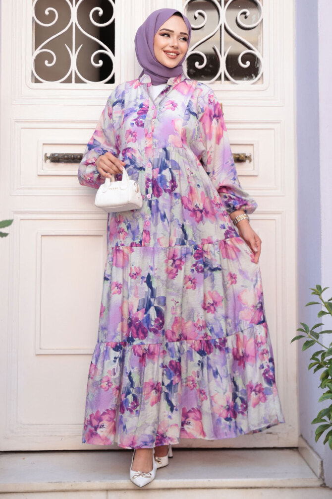 Desenli Lila Tesettür Elbise 710508LILA - 4