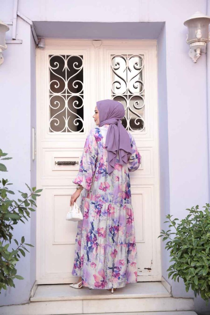 Desenli Lila Tesettür Elbise 710508LILA - 5