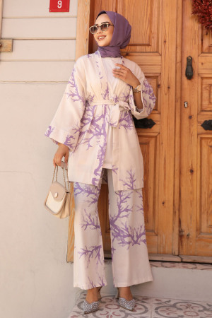 Desenli Lila Tesettür İkili Kimono Takım 12121LILA - 1