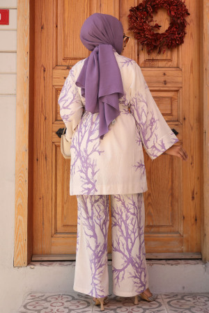 Desenli Lila Tesettür İkili Kimono Takım 12121LILA - 3