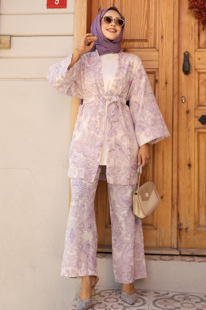 Desenli Lila Tesettür İkili Kimono Takım 12122LILA - 1