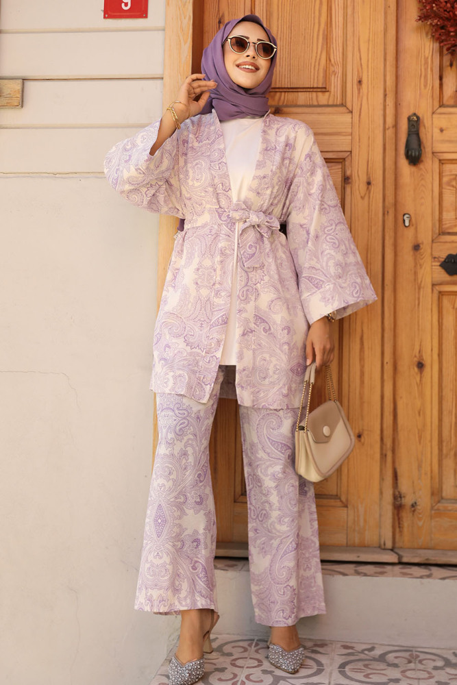 Desenli Lila Tesettür İkili Kimono Takım 12122LILA - 1