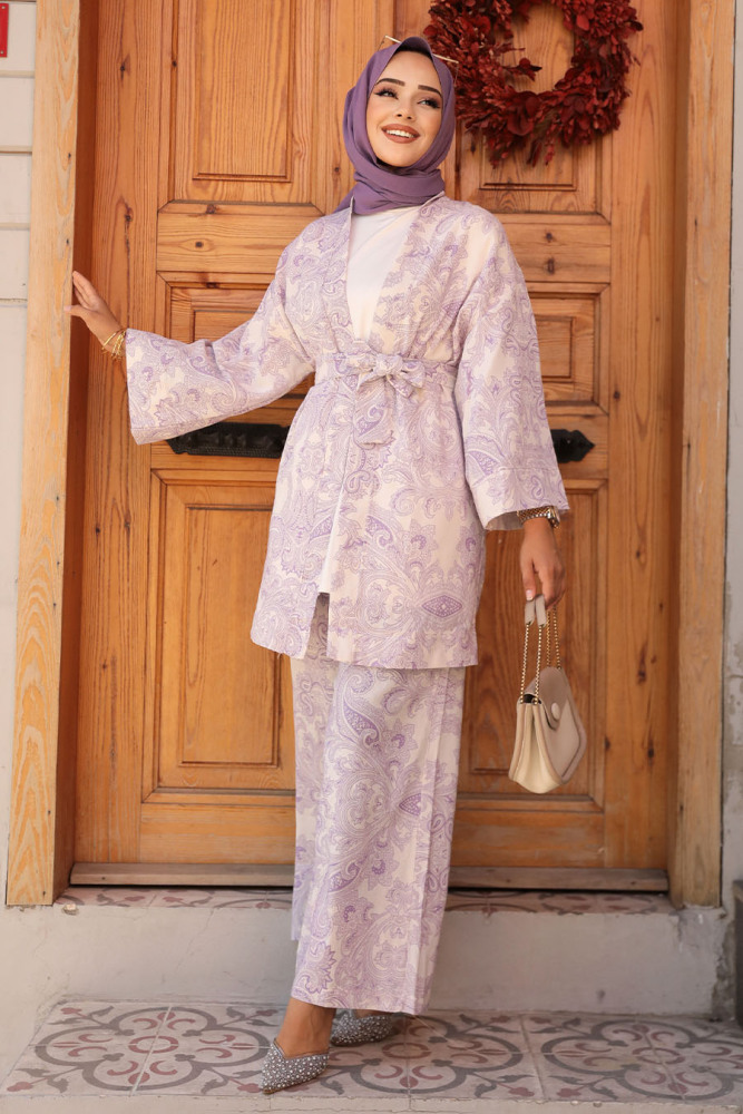 Desenli Lila Tesettür İkili Kimono Takım 12122LILA - 2