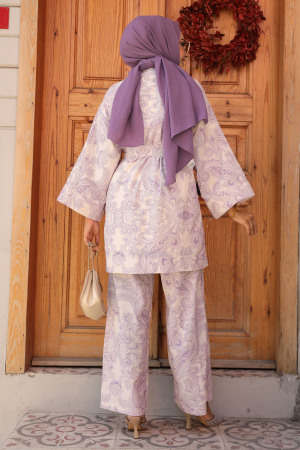 Desenli Lila Tesettür İkili Kimono Takım 12122LILA - 3