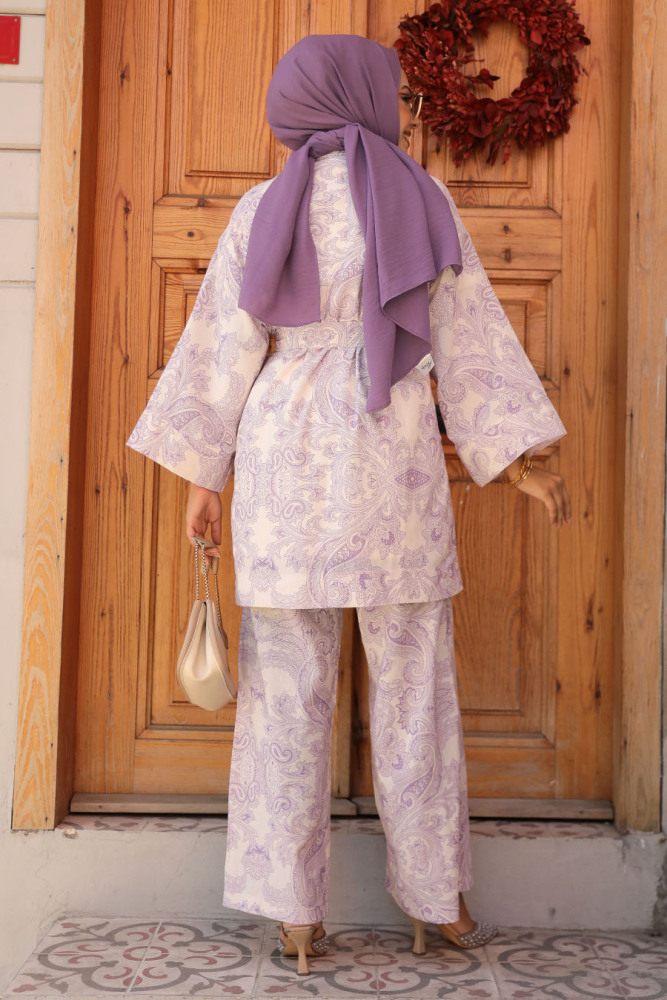 Desenli Lila Tesettür İkili Kimono Takım 12122LILA - 3